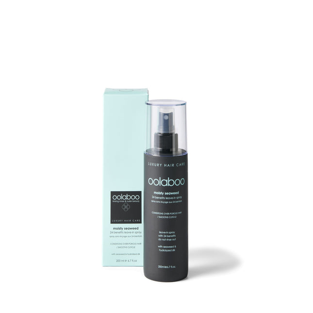 Zwarte fles met lichtblauwe doos, een leave-in conditioner voor het haar.