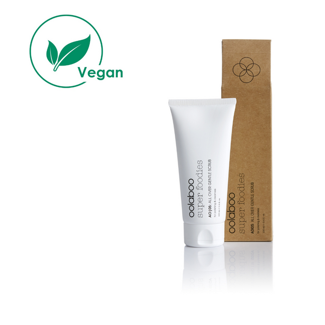 Een zachte Oolaboo super foodies gezichts- en lichaamsscrub voor alle huidcondities, vegan.
