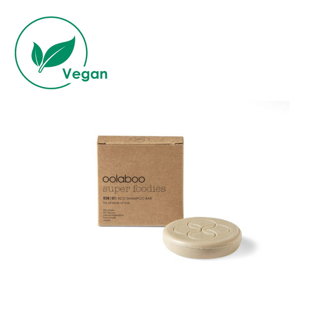 De Oolaboo super foodies eco shampoo bar, een shampoo in een vaste vorm, die het haar een geweldige glans en conditie geeft, vegan.