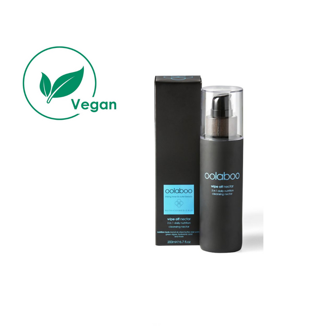 oolaboo wipe off cleansing nectar, 250 ml. Een 3-in-1-product – reinigingsmelk, make-up-verwijderaar en tonic in één samenstelling. Ideaal voor iedere huidconditie, zelfs de meest gevoelige. 100 % vegan.