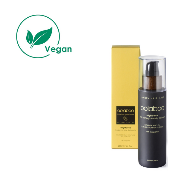 Oolaboo mighty rice blow dry booster, voor volume in het haar tijdens het föhnen.