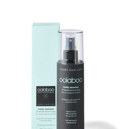 Zwarte fles met lichtblauwe doos, een leave-in conditioner voor het haar.