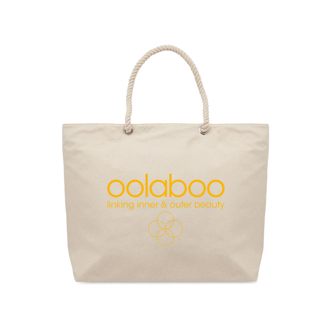 katoenen strandtas van oolaboo met gele opdruk