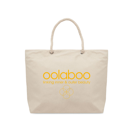 katoenen strandtas van oolaboo met gele opdruk