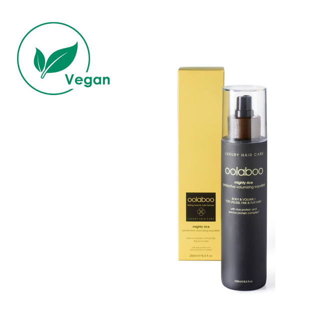 Oolaboo mighty rice volumizer, een spray on conditioner voor volume in het haar.