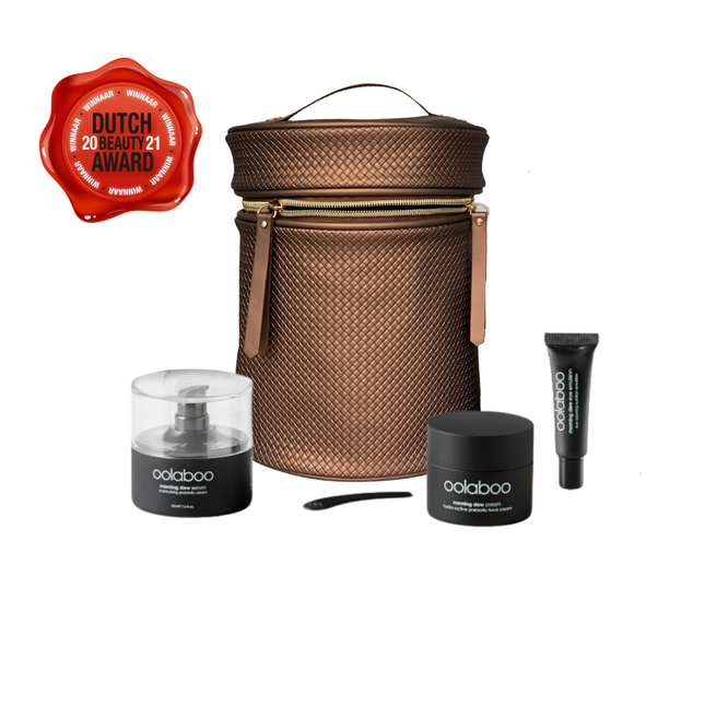 Oolaboo moring dew set, alle morning dew producten in een ronde bruine toilettas, vegan.